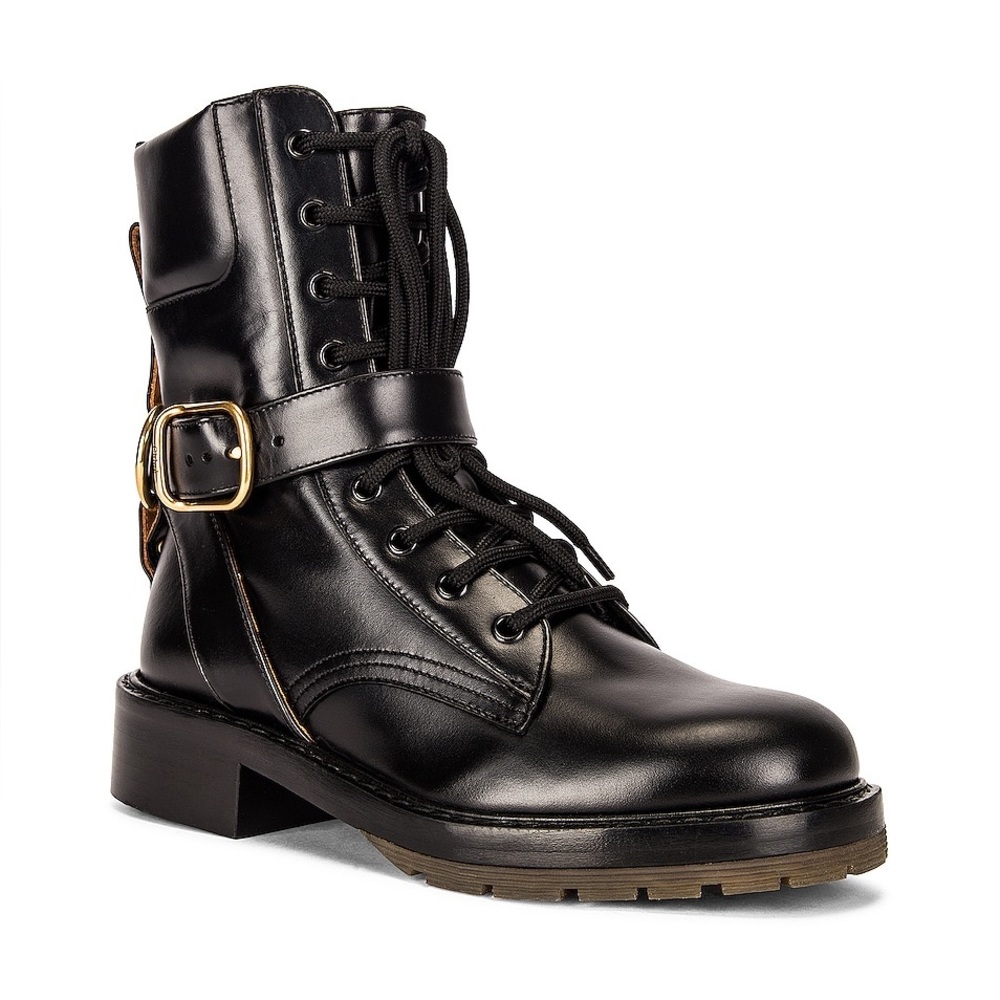 Chloe Diane Black Leather Lace up Combat Boots with Gold Buckle Size 9